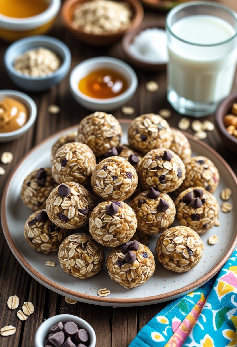 A plate of no-bake oatmeal energy bites on a wooden table with bowls of ingredients and a glass of milk in the background.