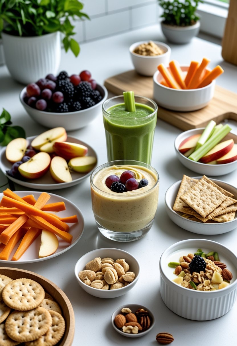 A kitchen countertop displaying six healthy after school snacks including fresh fruit, vegetable sticks with hummus, a green smoothie, whole grain crackers with cheese, mixed nuts, and yogurt with granola.