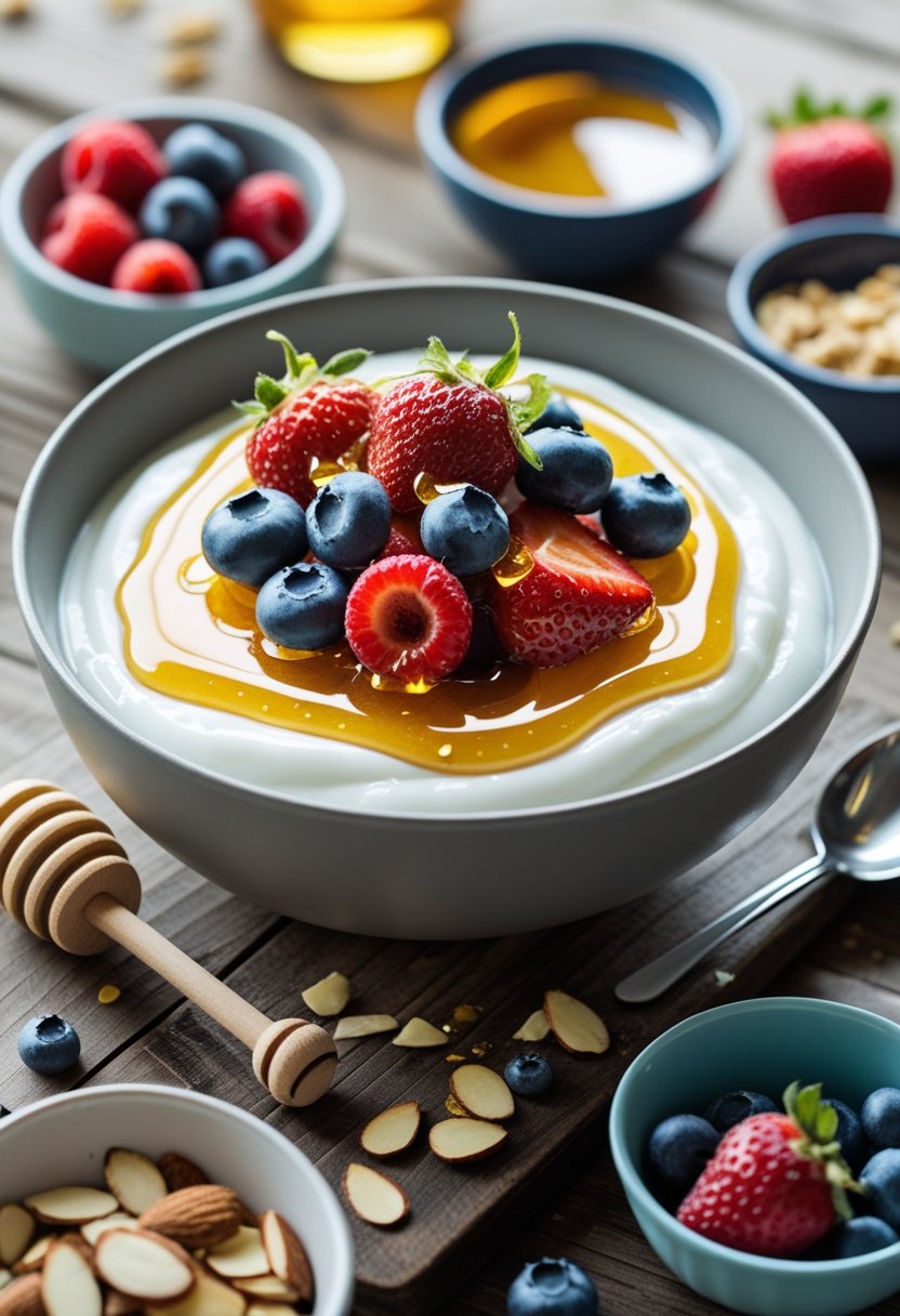 A bowl of Greek yogurt topped with honey and mixed berries on a wooden table with small bowls of almonds, granola, and fruit slices nearby.