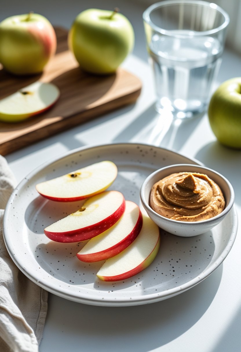 Plate of fresh apple slices next to a bowl of almond butter on a kitchen counter.