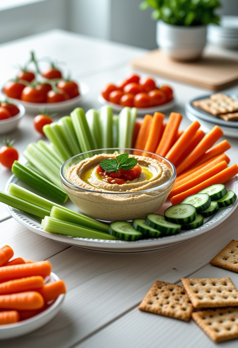 A bowl of hummus surrounded by carrot sticks and other fresh vegetable snacks on a wooden table.