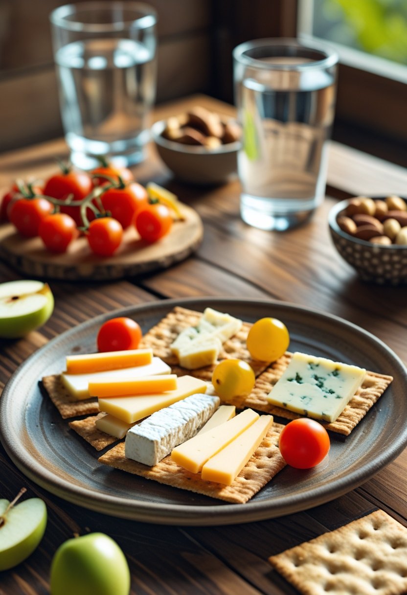 A plate of whole grain crackers topped with cheese, surrounded by fresh fruit and vegetable slices on a wooden table.