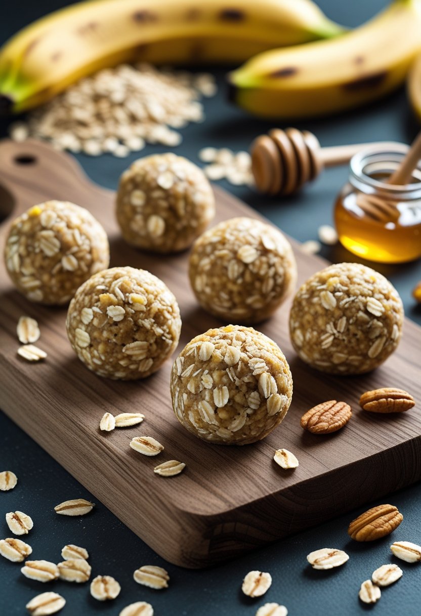 Six banana oat energy bites on a wooden board surrounded by bananas, oats, honey, nuts, and seeds.
