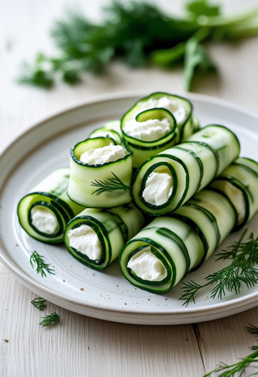 A plate of cucumber and cream cheese roll-ups on a wooden table with fresh herbs in the background.