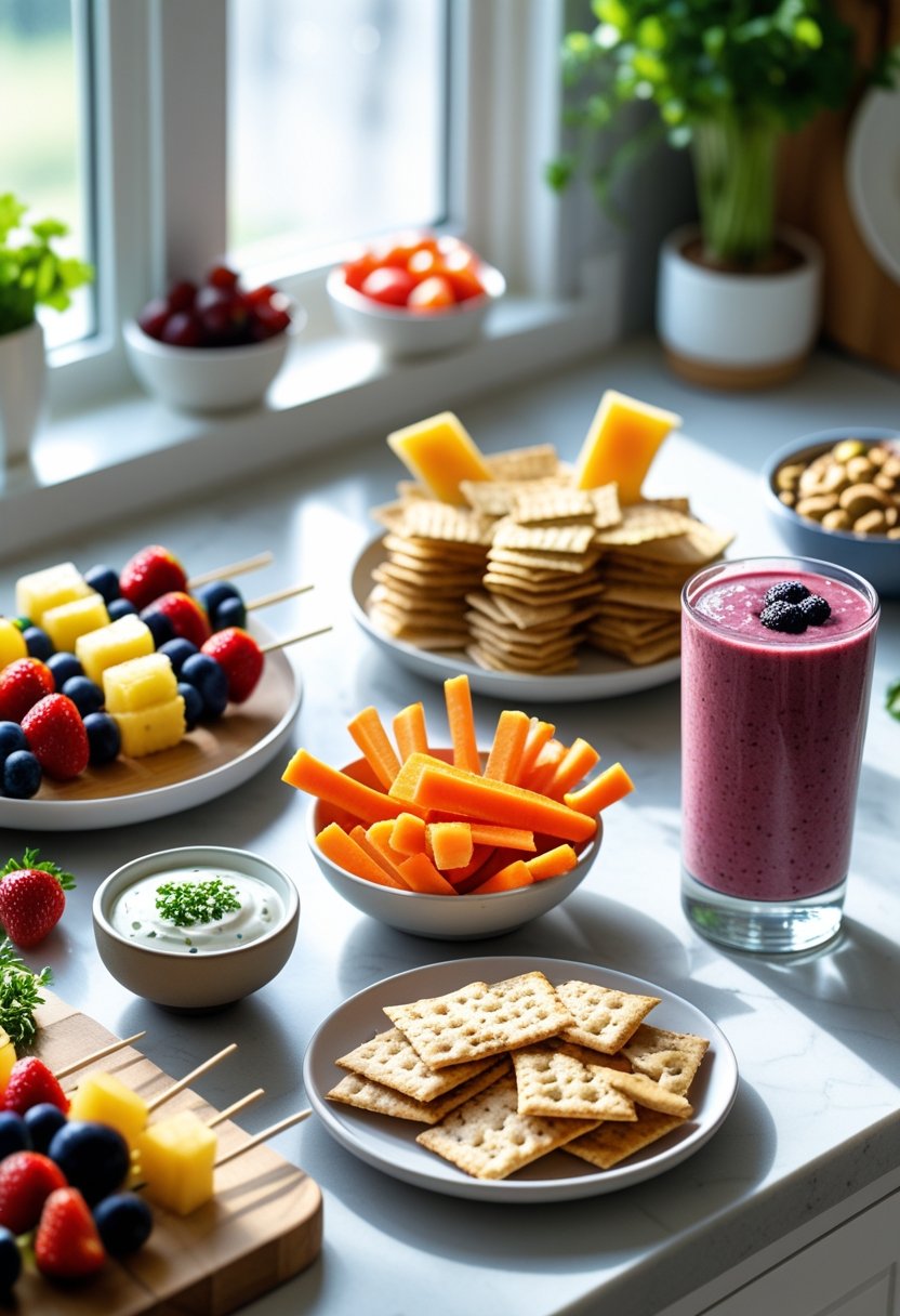 A kitchen countertop displaying five different after school snacks including fruit skewers, carrot sticks with dip, cheese and crackers, a berry smoothie, and a bowl of mixed nuts and dried fruits.
