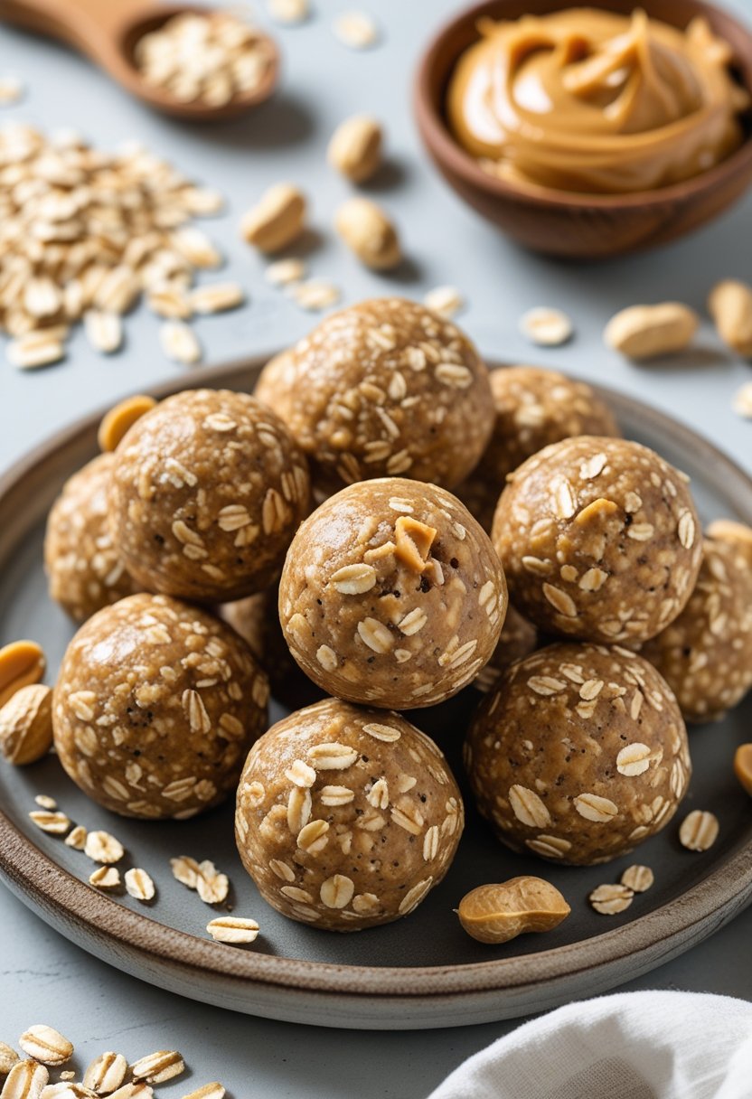 Close-up of no-bake energy bites with oats and peanut butter arranged on a wooden plate with scattered oats and peanuts nearby.