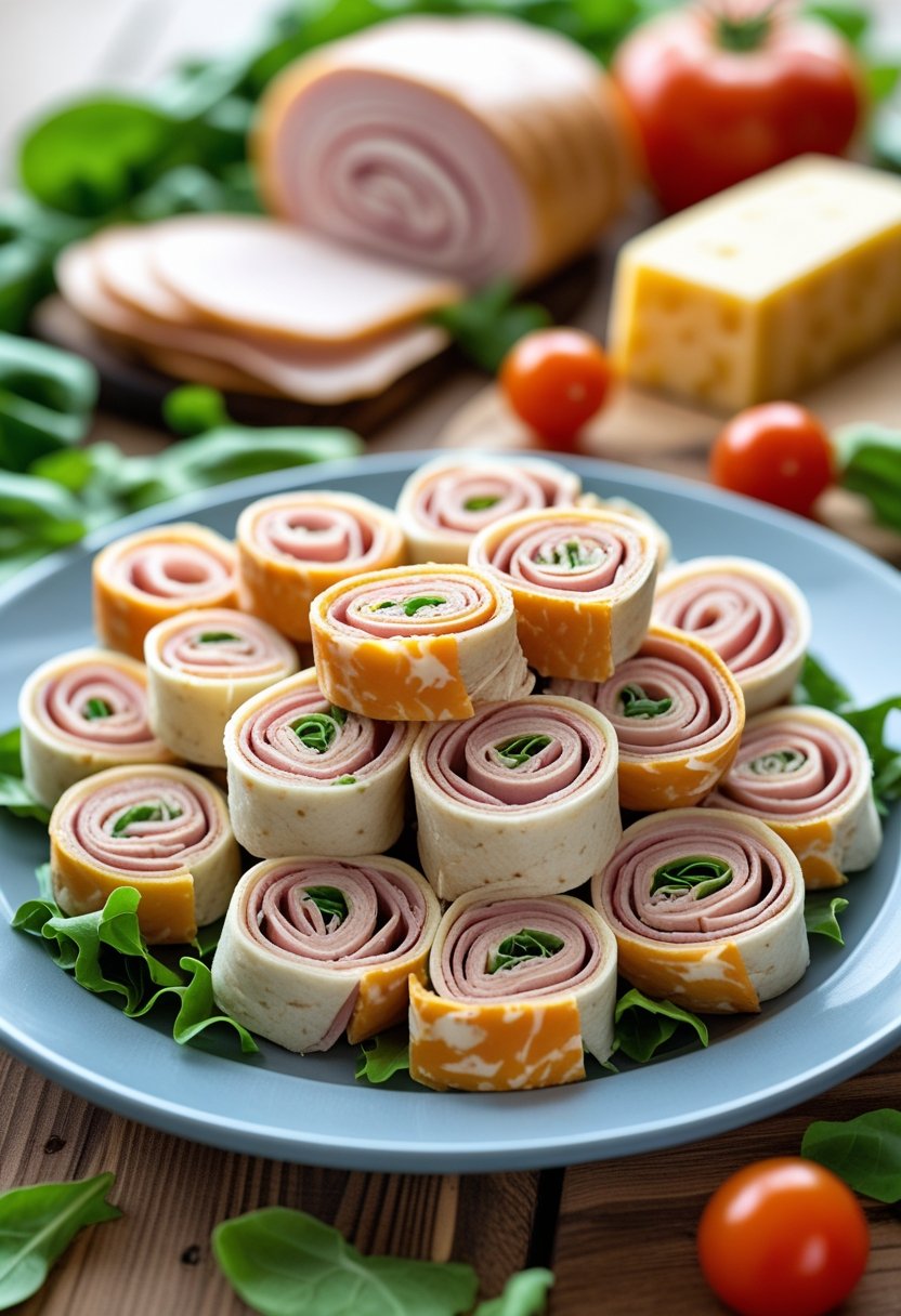 A plate of mini turkey and cheese roll-ups on a wooden table with fresh ingredients around it.