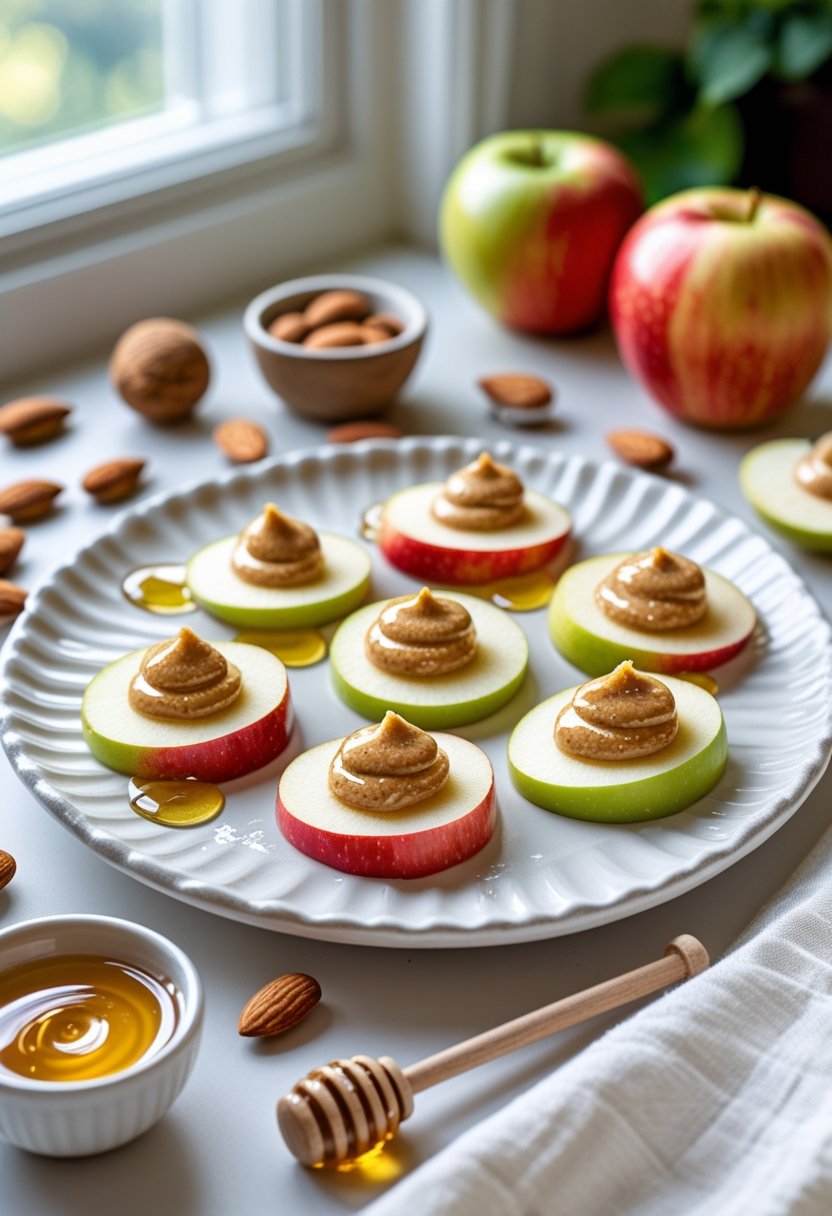 Plate of apple slices topped with almond butter and honey on a kitchen counter with almonds and honey nearby.