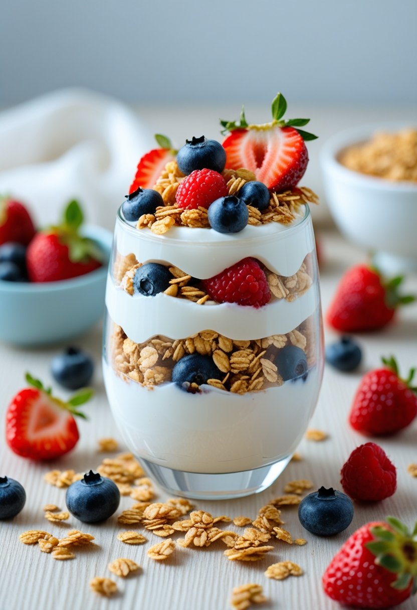 A glass of yogurt parfait layered with granola and fresh berries on a wooden table with additional berries and granola nearby.