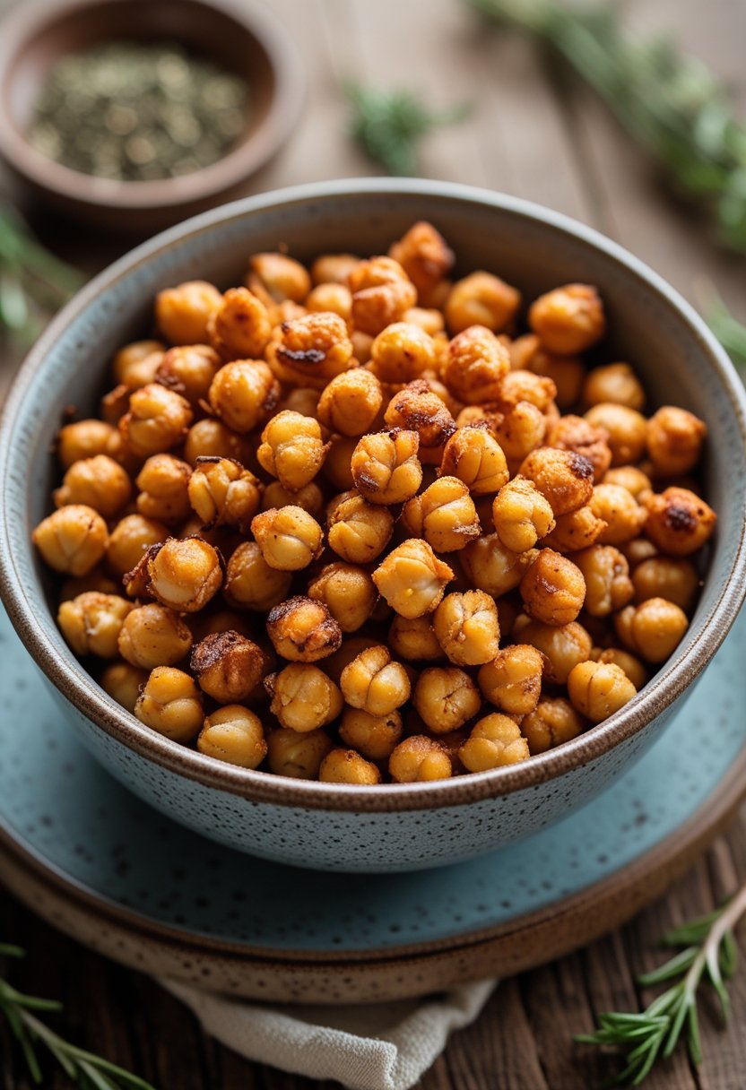 A bowl of golden crispy air-fried chickpeas on a wooden table with herbs and spices nearby.