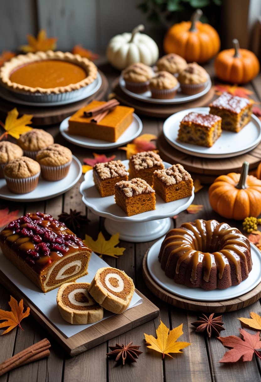 A table displaying seven different fall baked goods including pumpkin pie, apple cinnamon muffins, pecan bars, sweet potato rolls, cinnamon bread, cranberry scones, and a pumpkin bundt cake, surrounded by autumn decorations.