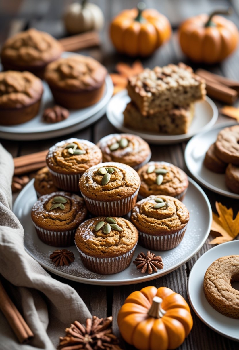 A variety of fall baked goods including pumpkin spice muffins, cinnamon swirl bread, apple cinnamon scones, pecan pie bars, maple-glazed donuts, spiced carrot cake slices, and gingerbread cookies arranged on a wooden table with autumn decorations.