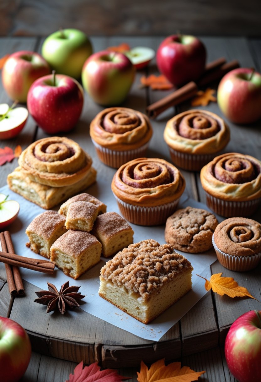 A wooden table displaying seven different apple cinnamon baked goods surrounded by apples, cinnamon sticks, and autumn leaves.