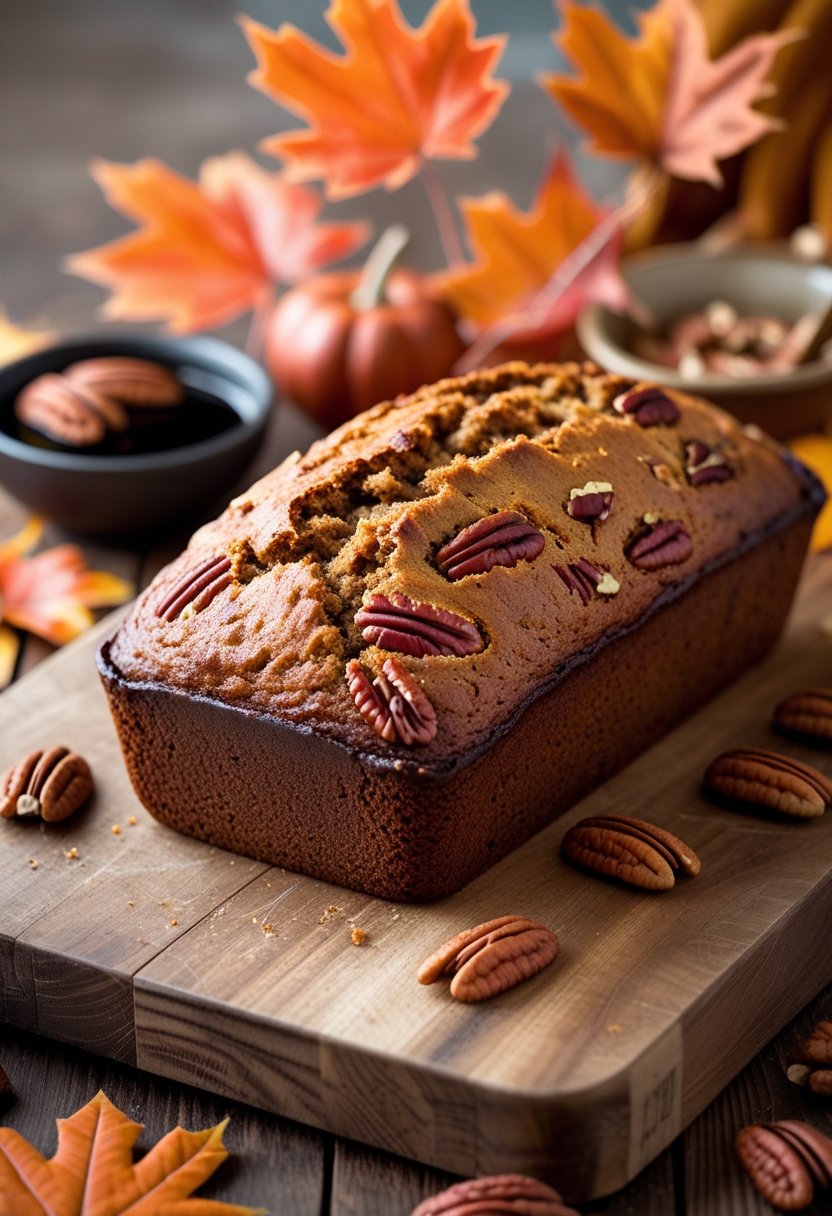 A freshly baked maple pecan bread loaf on a wooden board surrounded by pecans and colorful autumn leaves.