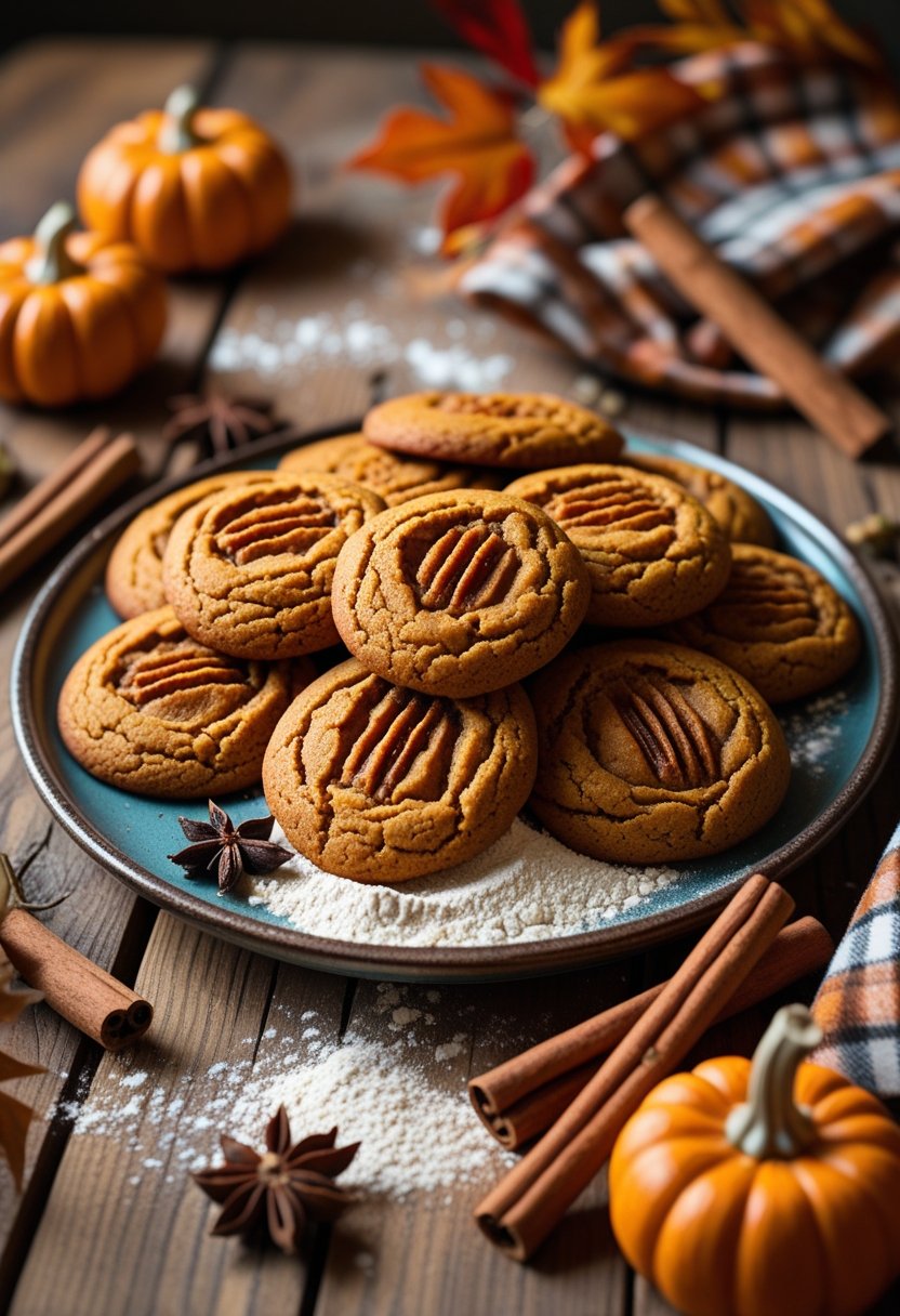 A plate of freshly baked sweet potato cookies on a wooden table surrounded by fall spices and small pumpkins.