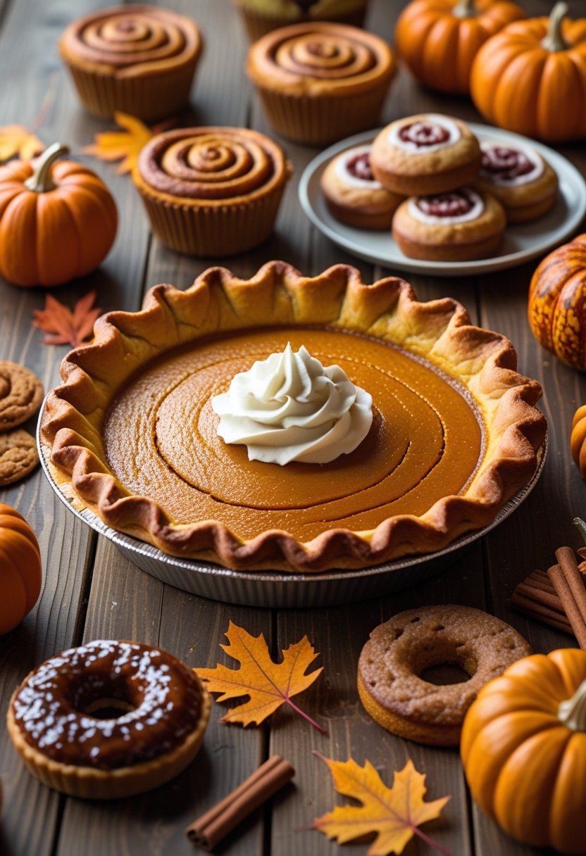 A table displaying a pumpkin pie surrounded by six other fall baked goods with autumn decorations.