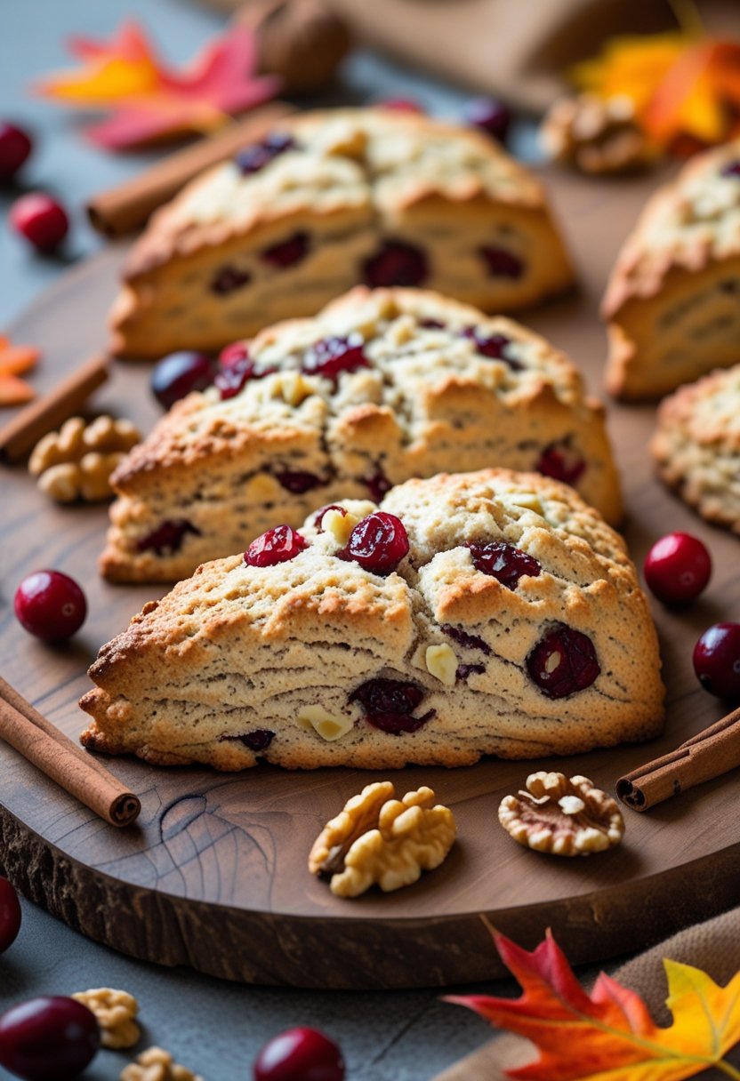 Freshly baked cranberry walnut scones on a wooden board with walnuts, cranberries, cinnamon sticks, and autumn leaves around them.