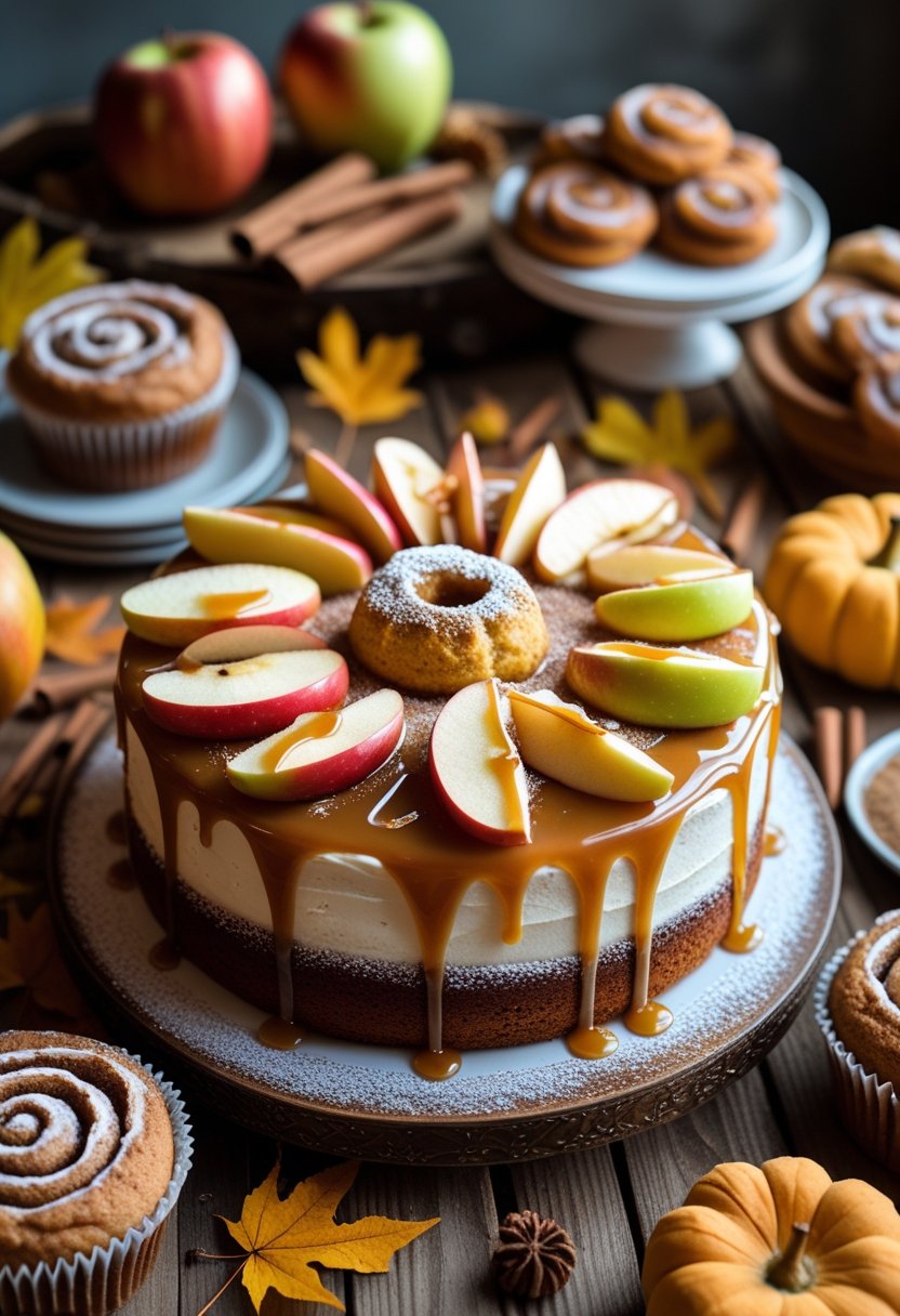 A caramel apple cake with caramel drizzle and apple slices on a wooden table surrounded by various fall baked goods and autumn decorations.