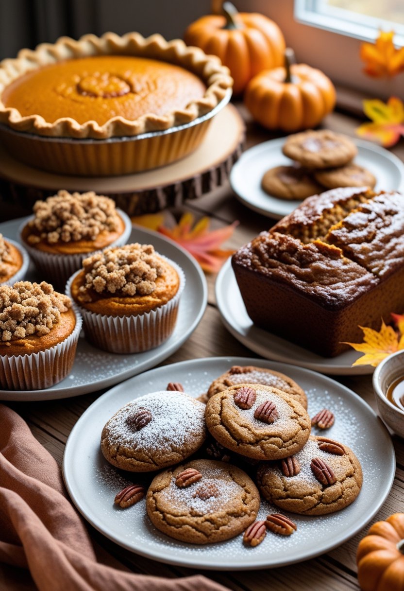 Five different fall baked goods including pumpkin pie, apple muffins, sweet potato bread, ginger cookies, and pecan bars arranged on a wooden table with autumn decorations.