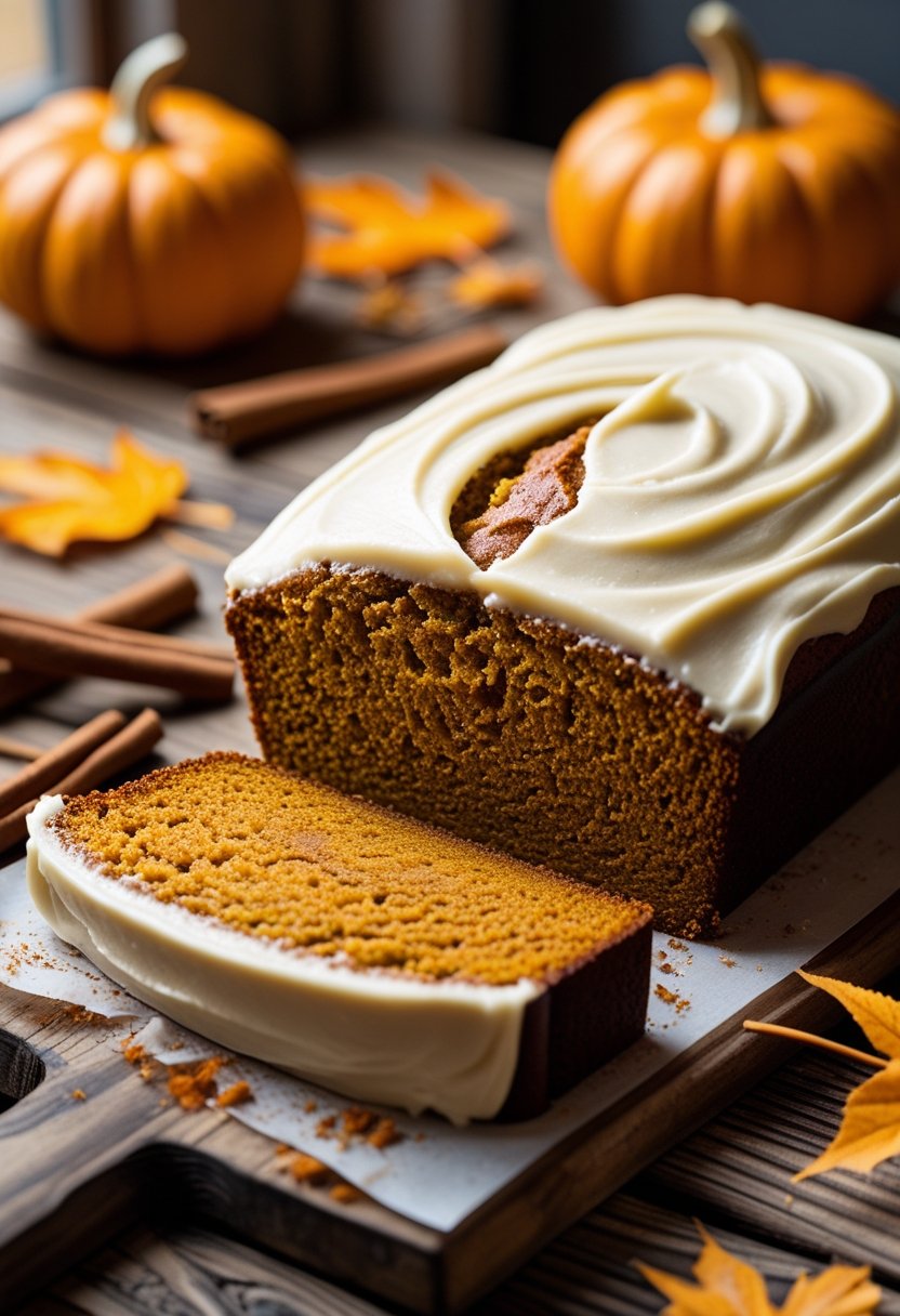 Sliced pumpkin bread with cream cheese frosting on a wooden table surrounded by autumn leaves and pumpkins.