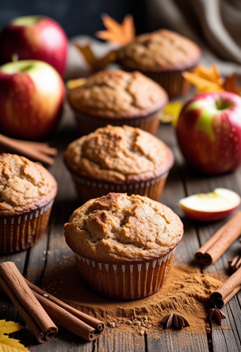 Five apple cinnamon muffins on a wooden table surrounded by cinnamon sticks, apples, and fall leaves.