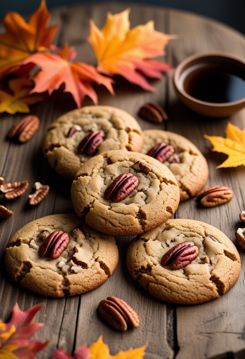 Five maple pecan cookies on a wooden table surrounded by fall leaves and pecans.