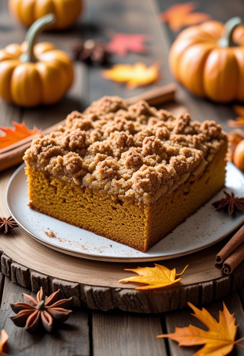 A pumpkin spice streusel cake on a wooden table surrounded by small pumpkins, cinnamon sticks, and fall leaves.