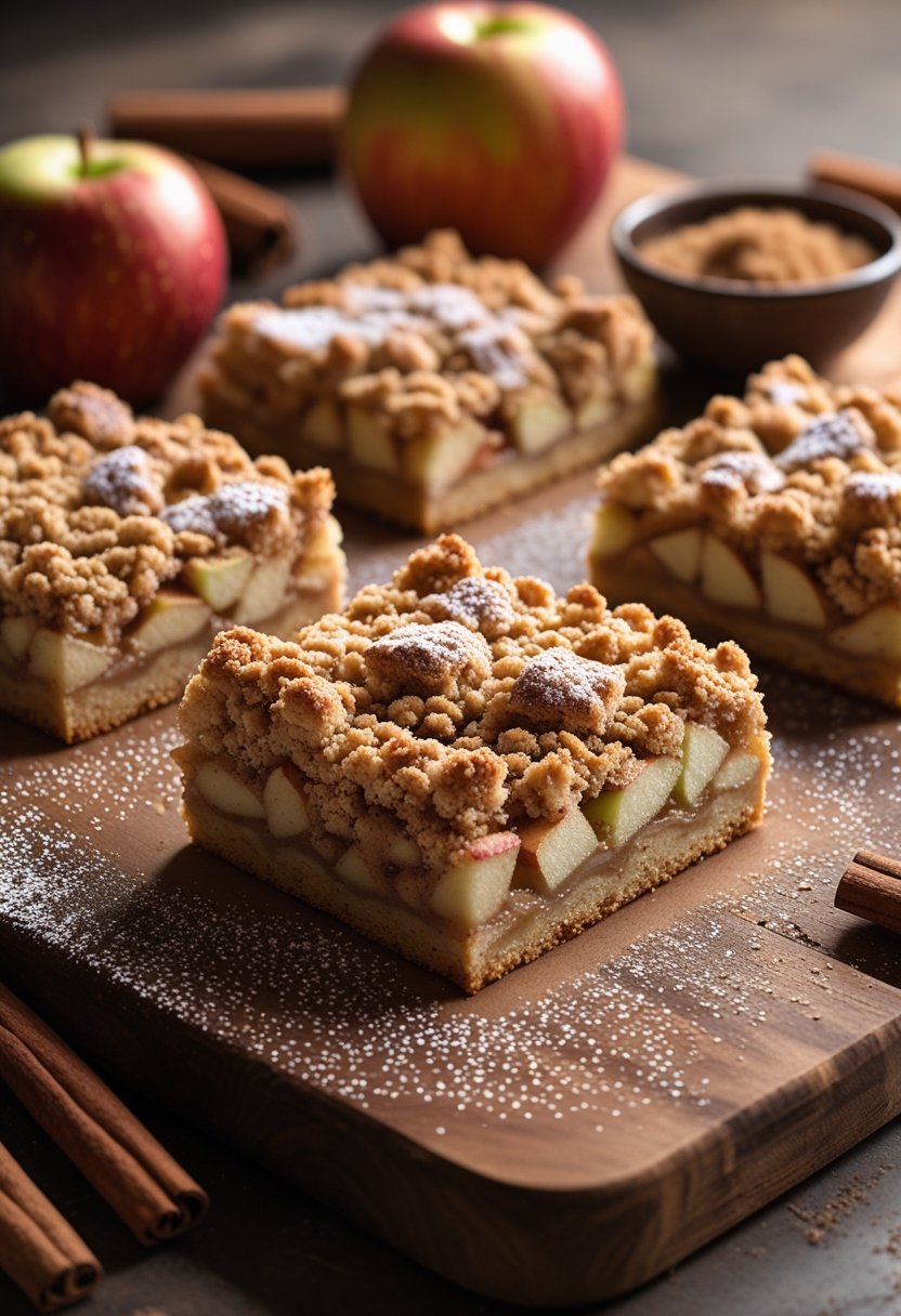 Five apple crisp bars arranged on a wooden board with apples and cinnamon sticks nearby.