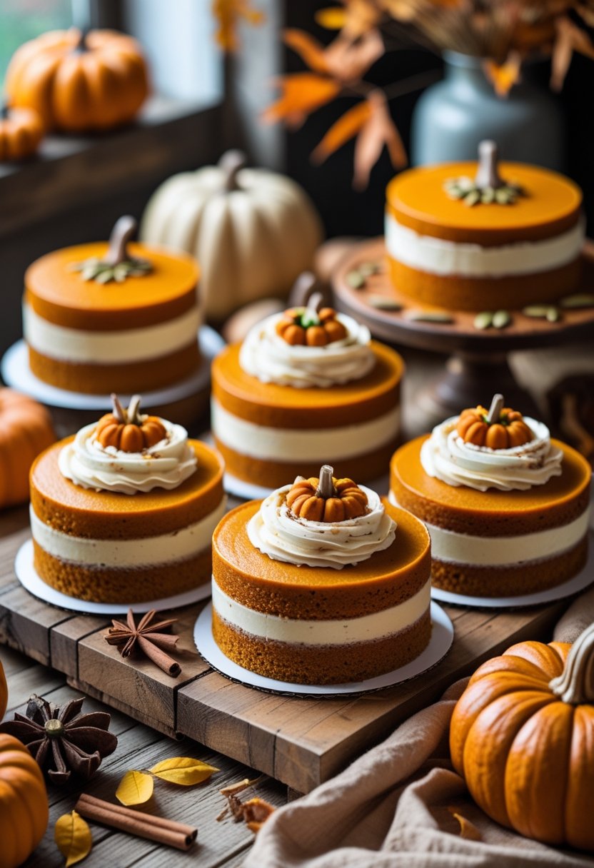 Seven pumpkin cakes decorated with frosting and autumn-themed garnishes arranged on a wooden table with fall decorations in the background.