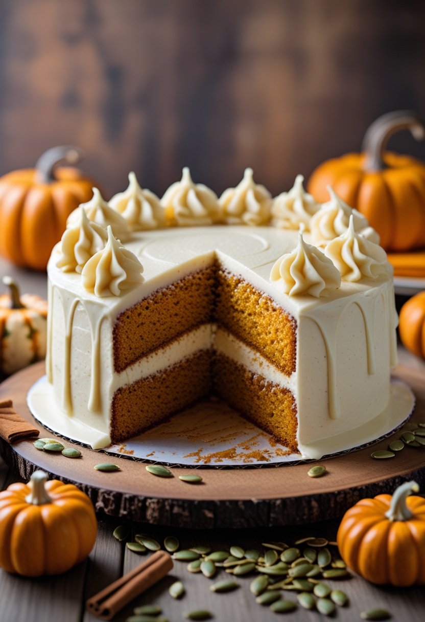 A round pumpkin cake with cream cheese frosting on a wooden table surrounded by small pumpkins and cinnamon sticks.