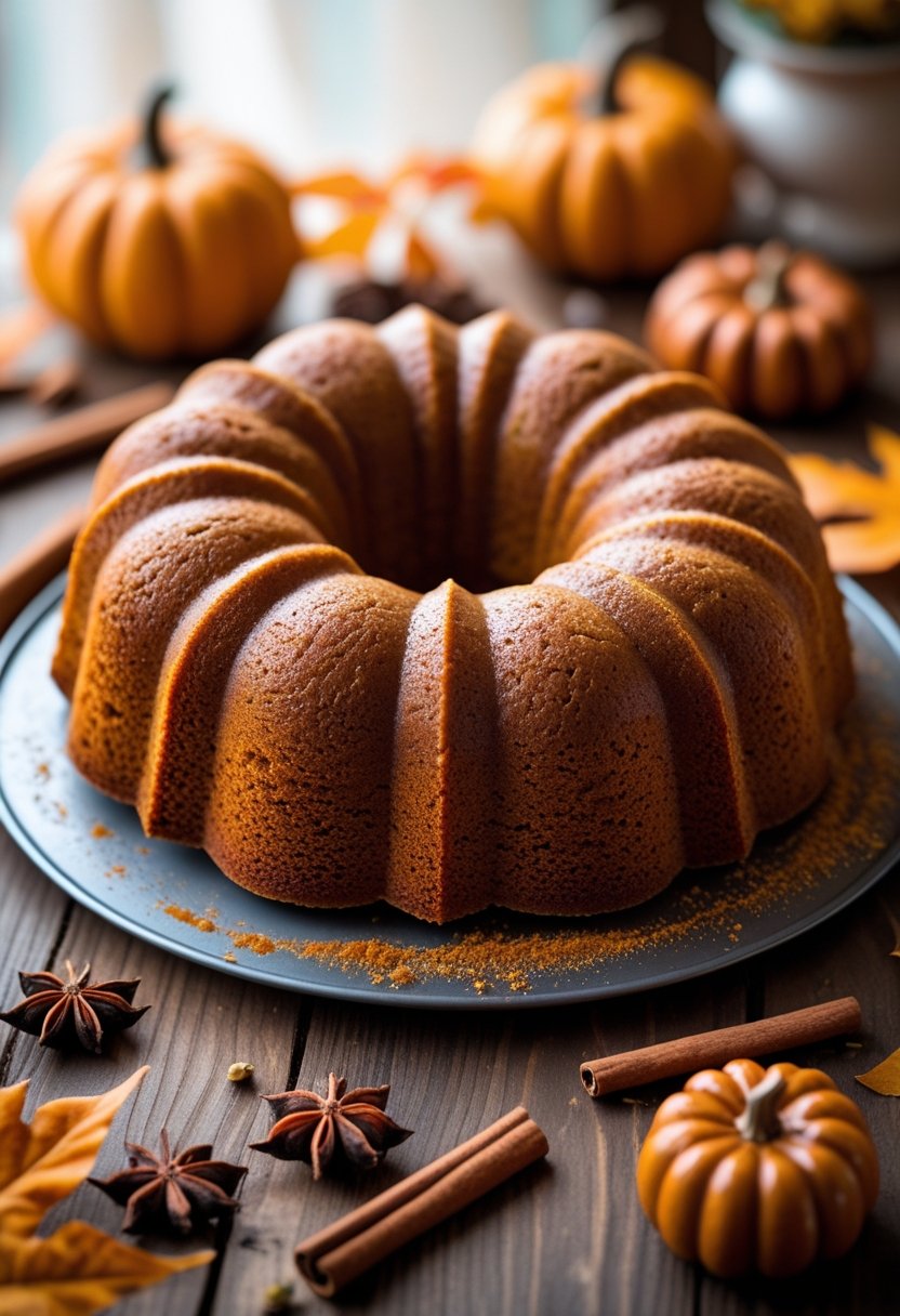 A pumpkin Bundt cake on a wooden table surrounded by cinnamon sticks and autumn leaves.
