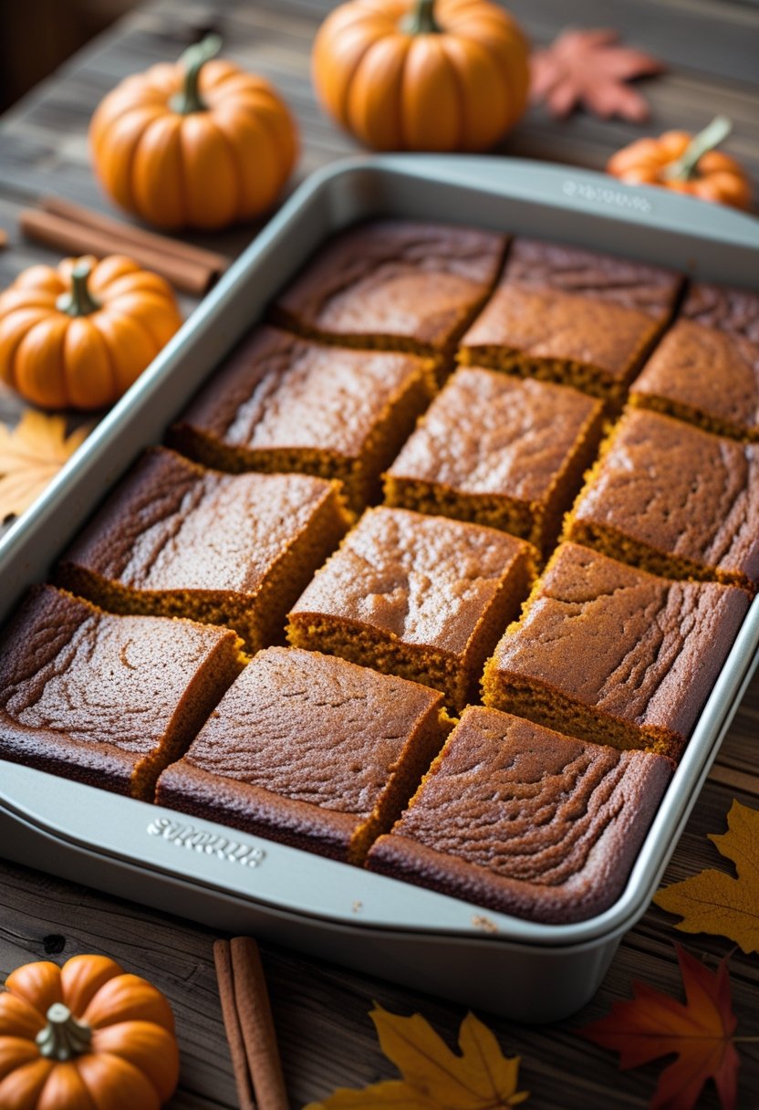 A rectangular sheet pan with seven pieces of freshly baked pumpkin cake on a wooden table surrounded by autumn decorations.