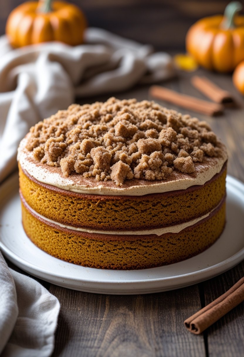 A single layer pumpkin cake with cinnamon crumb topping on a white plate on a wooden table.