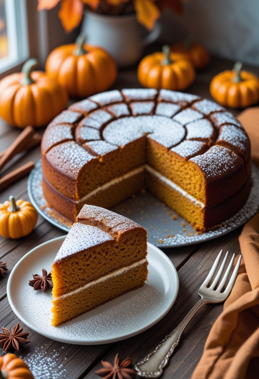 A freshly baked pumpkin cake on a wooden table with a slice cut out, surrounded by small pumpkins and cinnamon sticks.