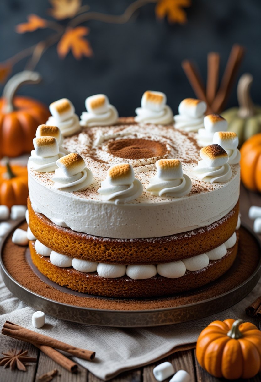 A spiced pumpkin cake with white marshmallow frosting on a wooden table with autumn decorations in the background.