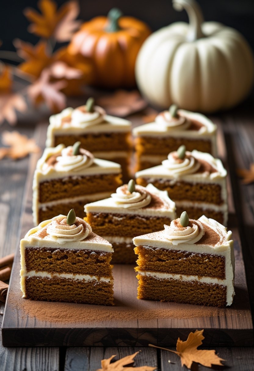 Seven slices of pumpkin spice cake arranged on a wooden table with autumn decorations in the background.