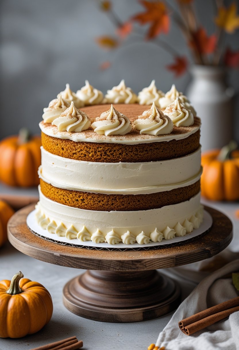 A round pumpkin spice cake with cream cheese frosting on a wooden stand, surrounded by autumn decorations.