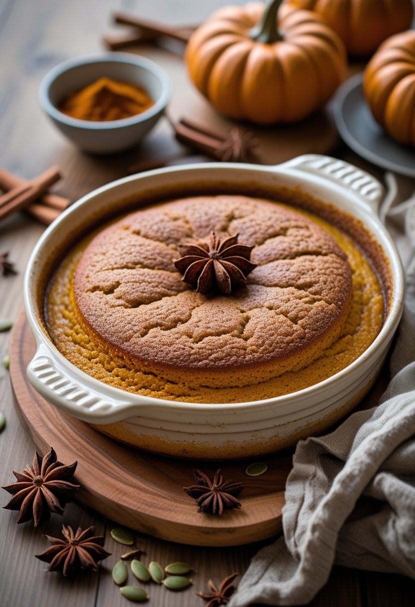A freshly baked pumpkin dump cake in a ceramic dish on a wooden table with autumn spices around it.