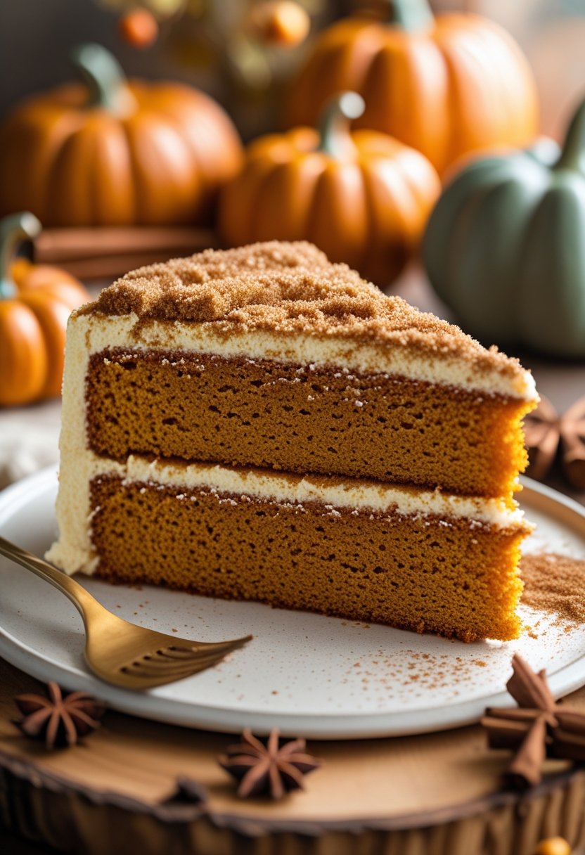 A sliced moist pumpkin cake topped with brown sugar and pumpkin pie spice on a plate with autumn decorations in the background.