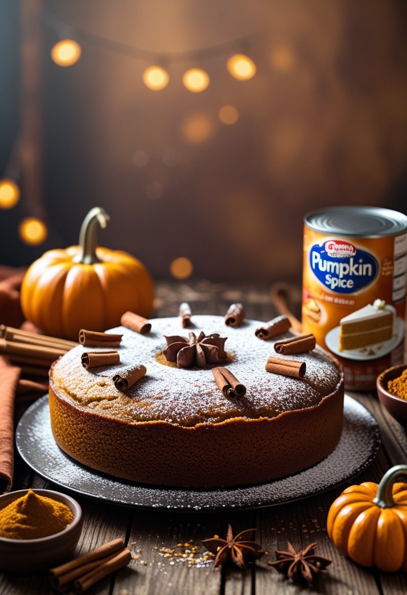 A freshly baked pumpkin spice cake on a wooden table with pumpkin puree, cake mix, and pumpkin spice ingredients nearby.