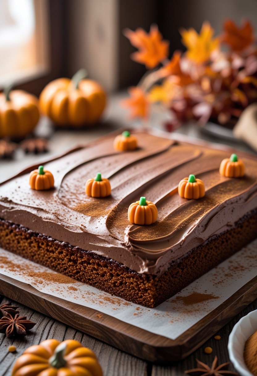 A rectangular pumpkin spice Texas sheet cake with chocolate frosting on a wooden table surrounded by autumn decorations.