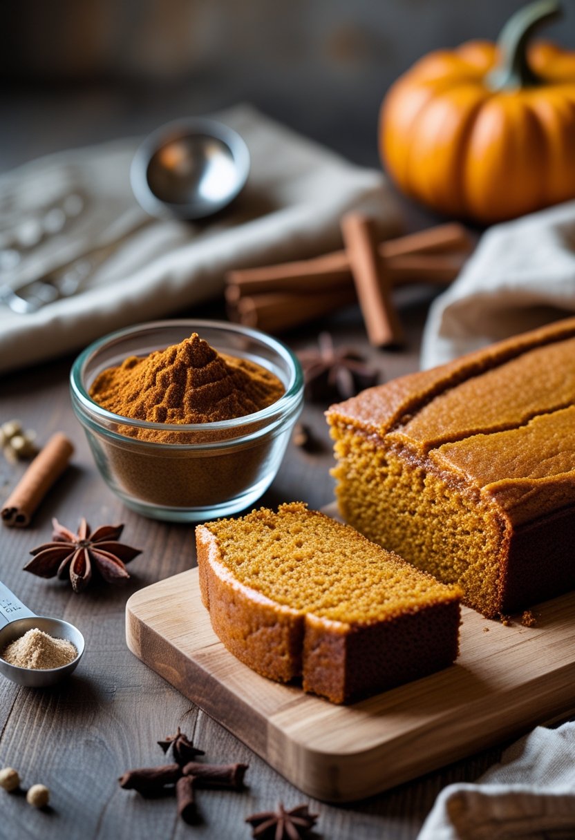 A bowl of homemade pumpkin pie spice blend next to a sliced pumpkin spice cake on a wooden board with spices and a small pumpkin nearby.