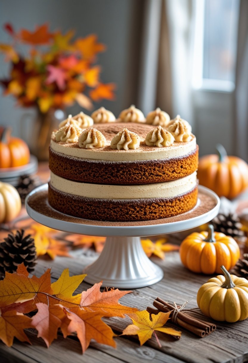A pumpkin spice cake on a white cake stand surrounded by autumn decorations on a wooden table.