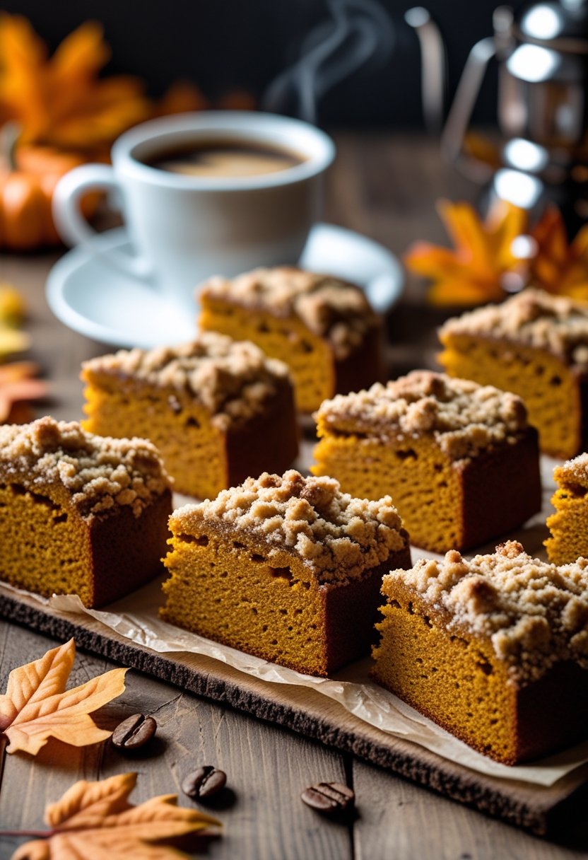 Seven slices of pumpkin coffee cake arranged on a wooden table with a cup of coffee and autumn leaves in the background.