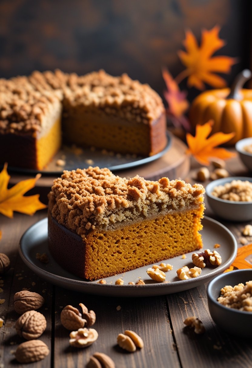 A sliced pumpkin coffee cake topped with walnut streusel on a wooden table with walnuts and autumn leaves around it.