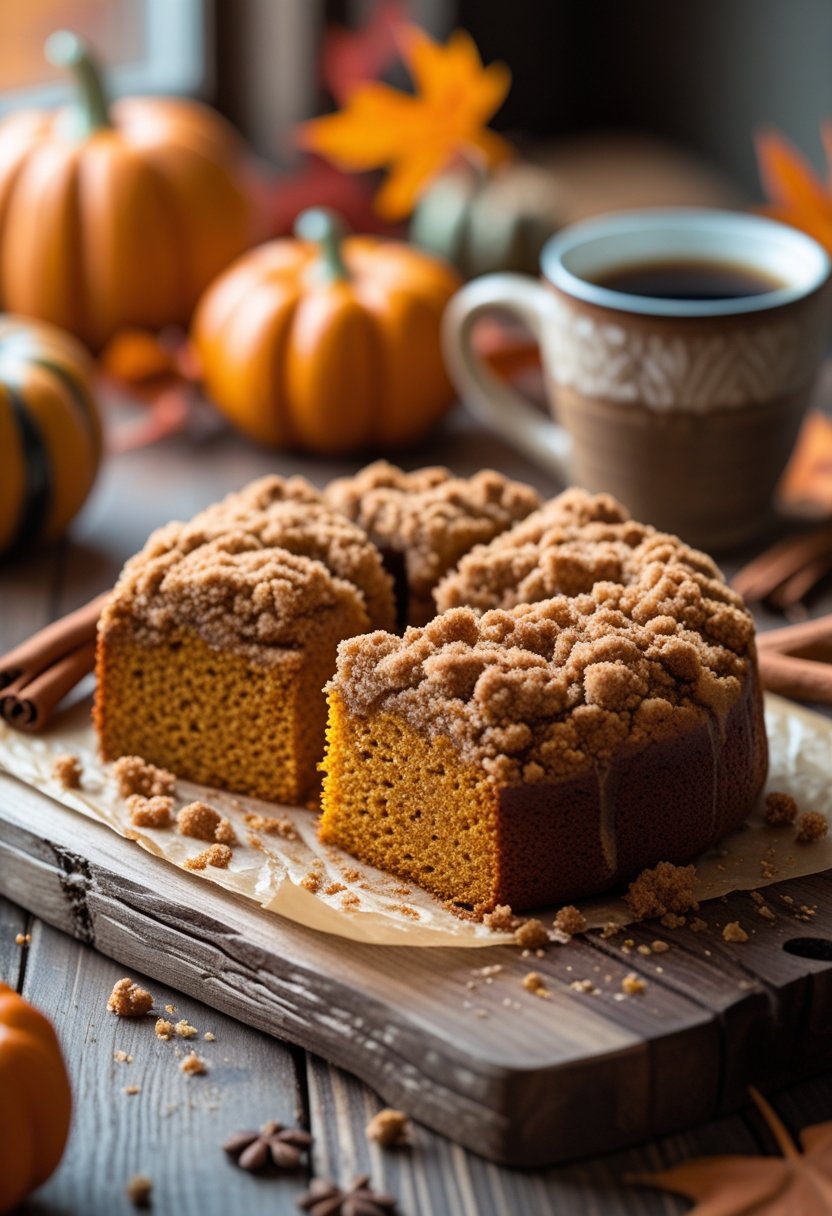 A sliced pumpkin coffee cake with cinnamon crumb topping on a wooden board next to a cup of coffee and autumn decorations.