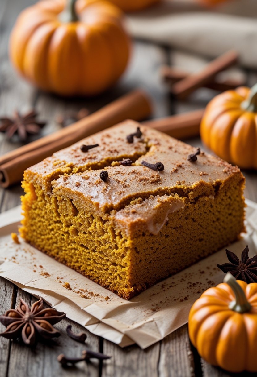 A spiced pumpkin coffee cake on a wooden table surrounded by autumn spices and small pumpkins.