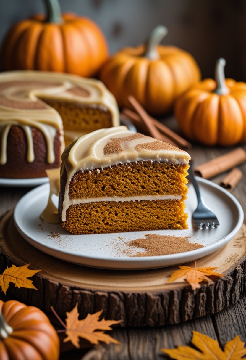A sliced pumpkin coffee cake with brown sugar maple icing on a wooden table surrounded by small pumpkins and cinnamon sticks.