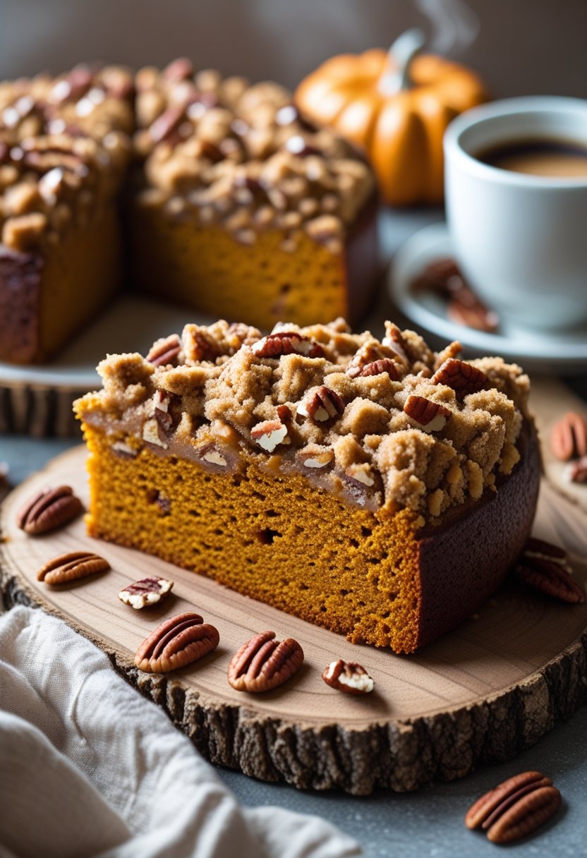 A sliced pumpkin coffee cake topped with pecan and toffee streusel on a wooden board with pecans scattered around.