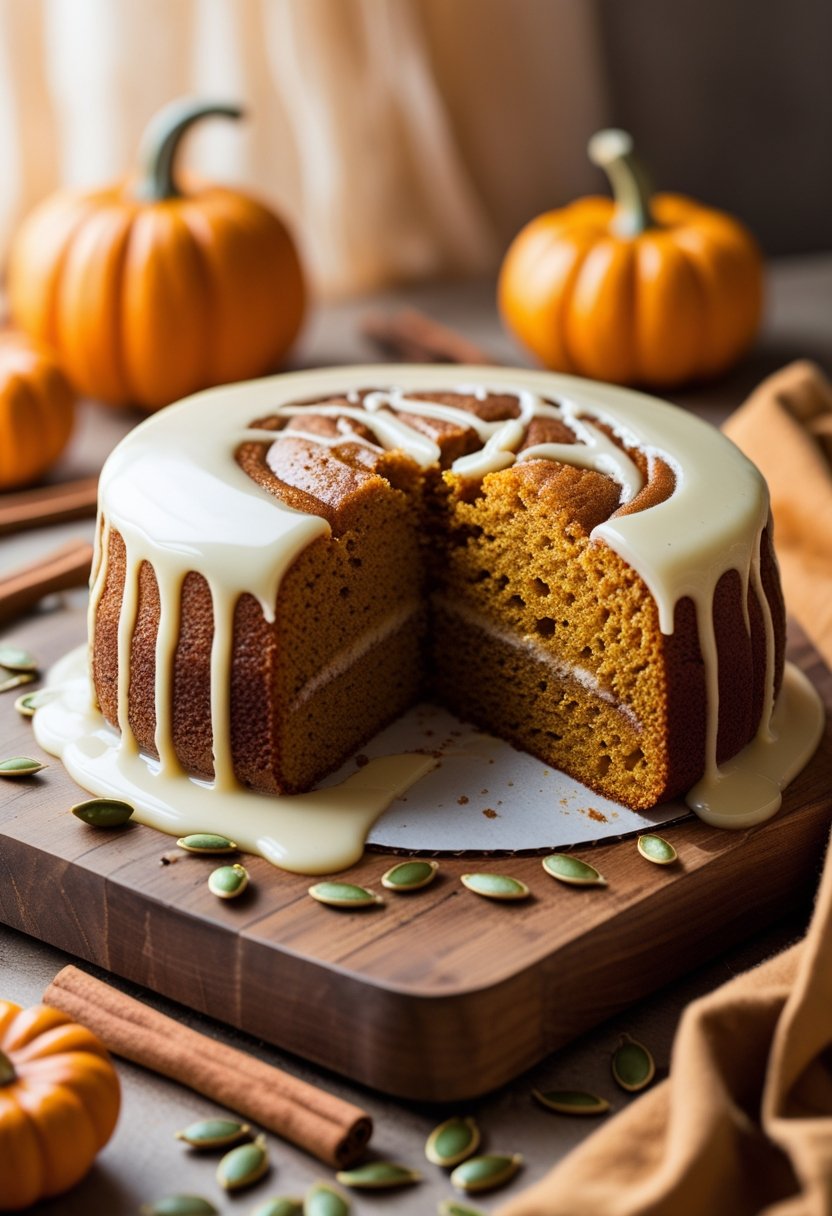 A sliced pumpkin coffee cake with vanilla glaze on a wooden board surrounded by small pumpkins and cinnamon sticks.